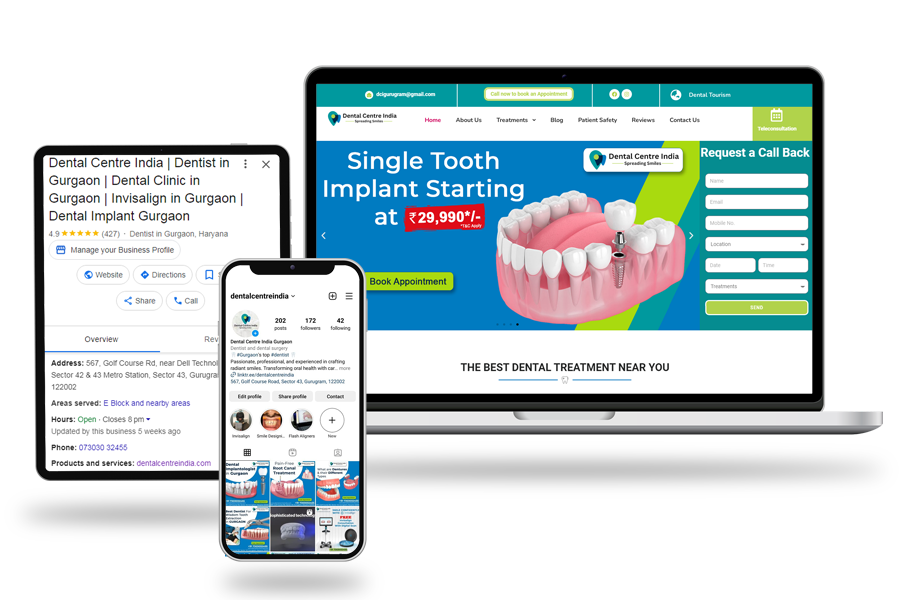 Dental Centre India Website, Instagram, Google My Business